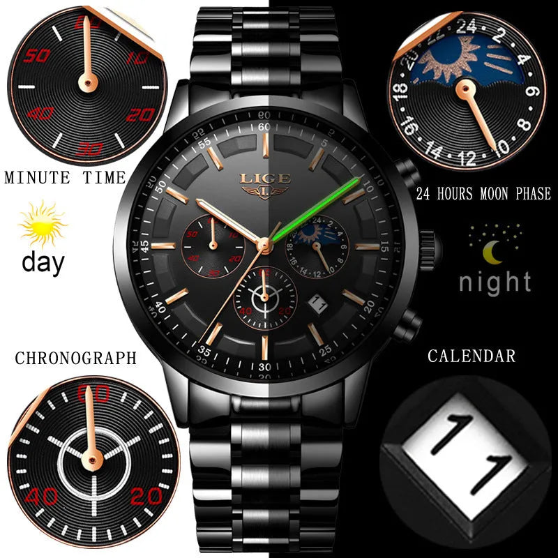 Men's waterproof moon quartz sports watch 12mm thickness black and rose red gold face