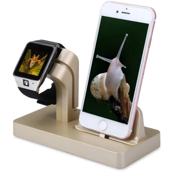 White 2-in-1 desktop charging dock station holding an iPhone and an Apple Watch for simultaneous charging.