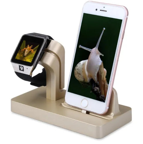 White 2-in-1 desktop charging dock station holding an iPhone and an Apple Watch for simultaneous charging.