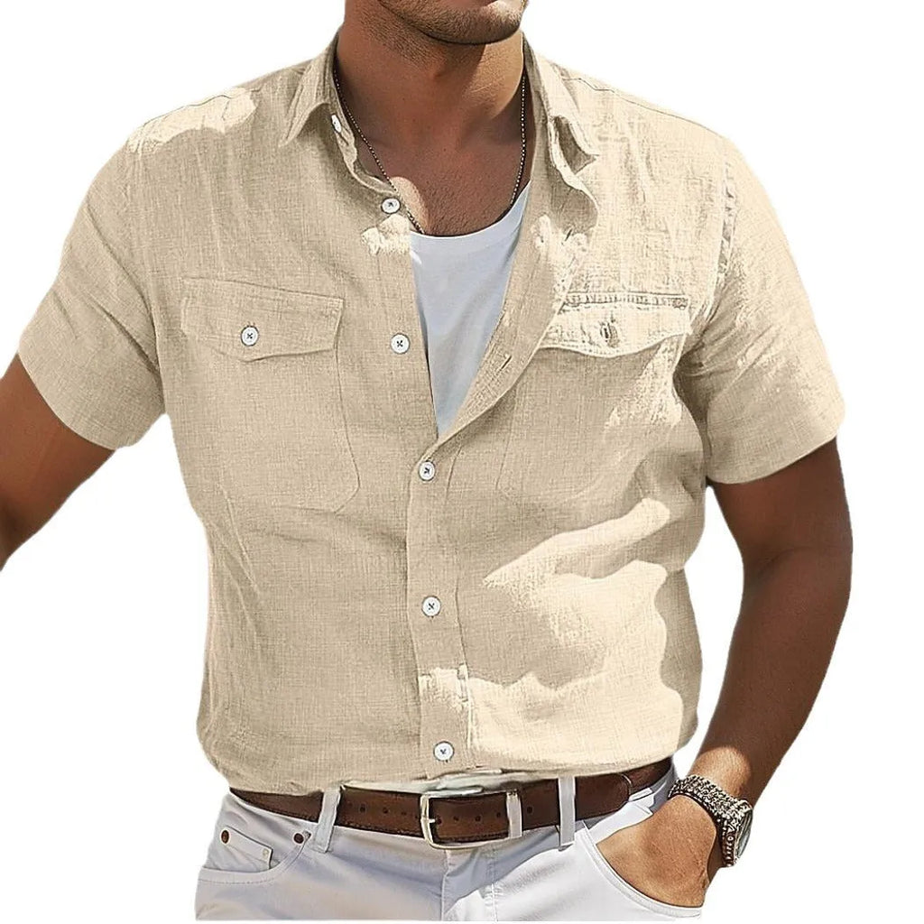 Men's loose-fit solid colour cotton shirt with polo collar and long sleeves in apricot, grey, green, or sky blue.