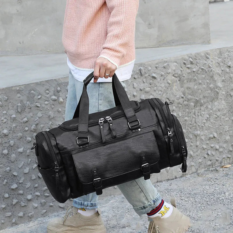 Black large capacity PU travel bag with a separate compartment for shoes