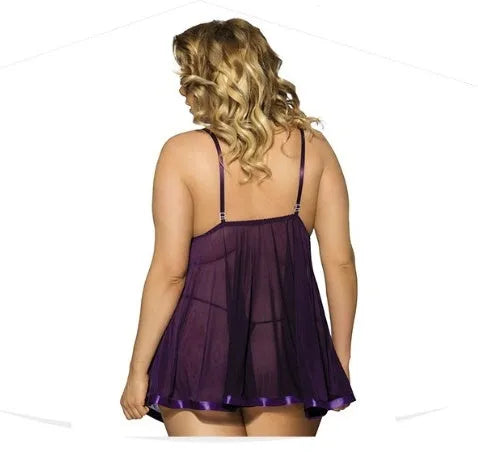 Women's purple lace sleepdress with mesh detailing in plus-size lingerie