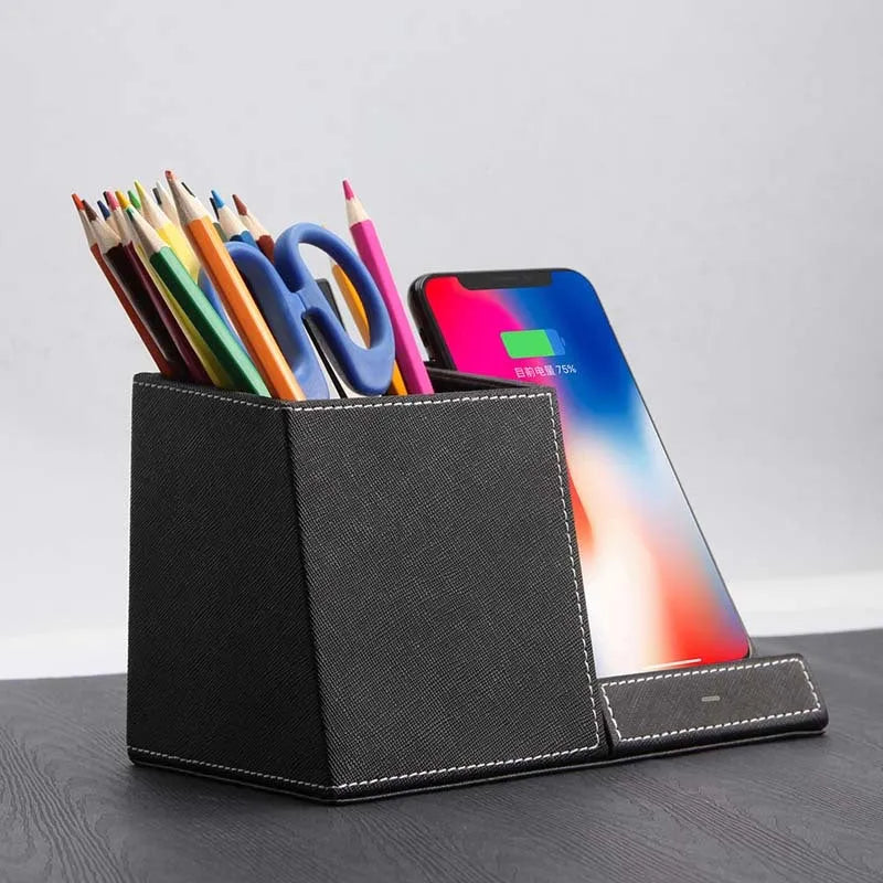 Black leather desk organiser with wireless charging top and pen holder compartment