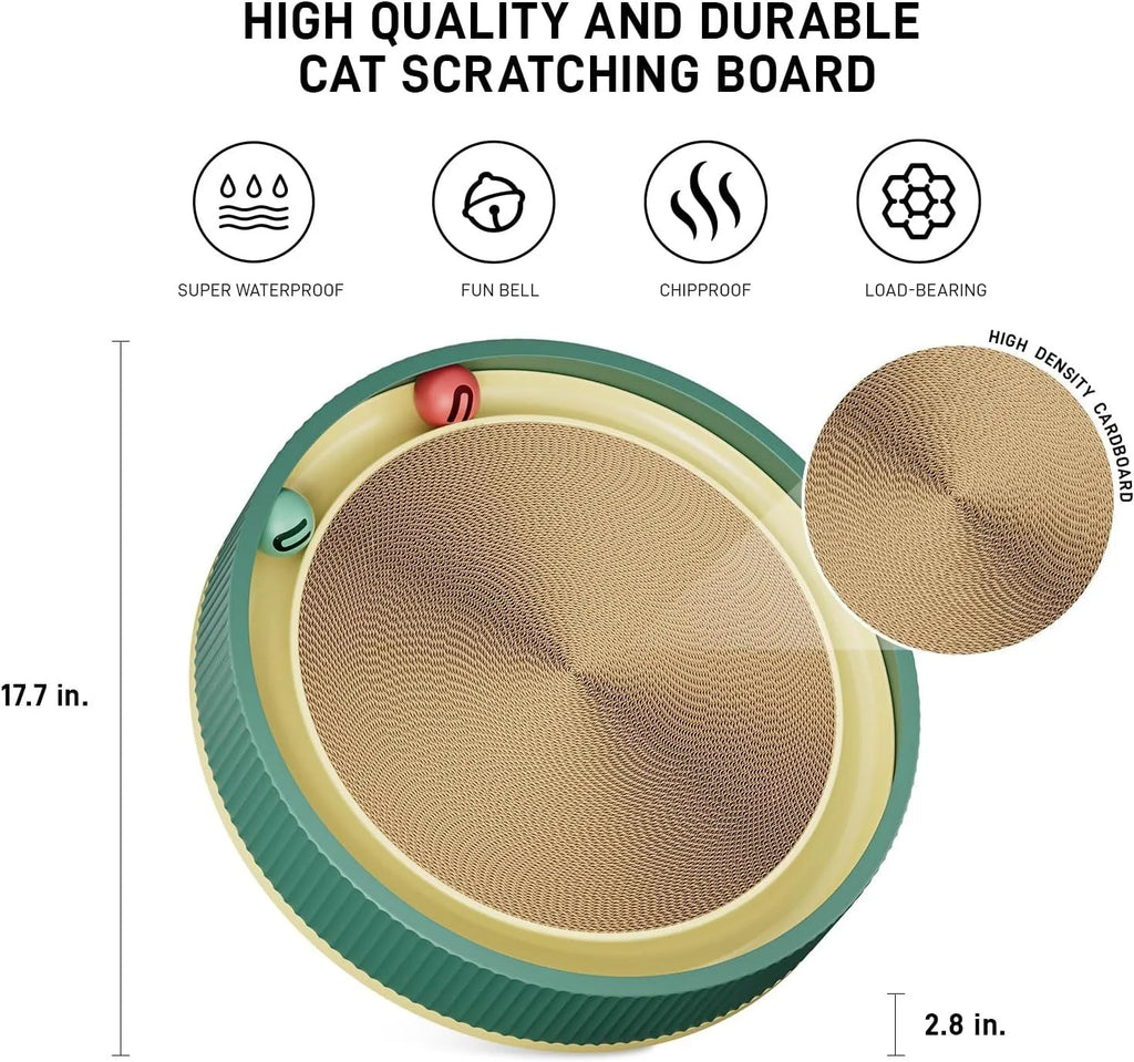 Large circular cat scratching board with integrated ball toys measuring 45cm diameter