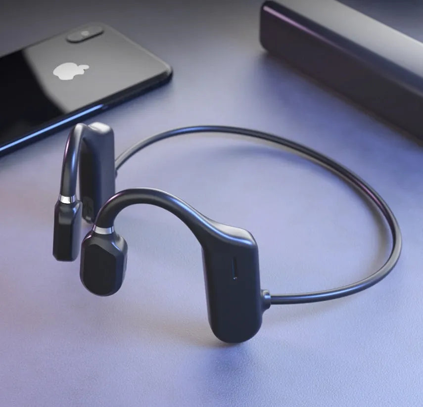 In-ear open-ear wireless sports headphones in black, grey, and red colours with ear-hook design for running