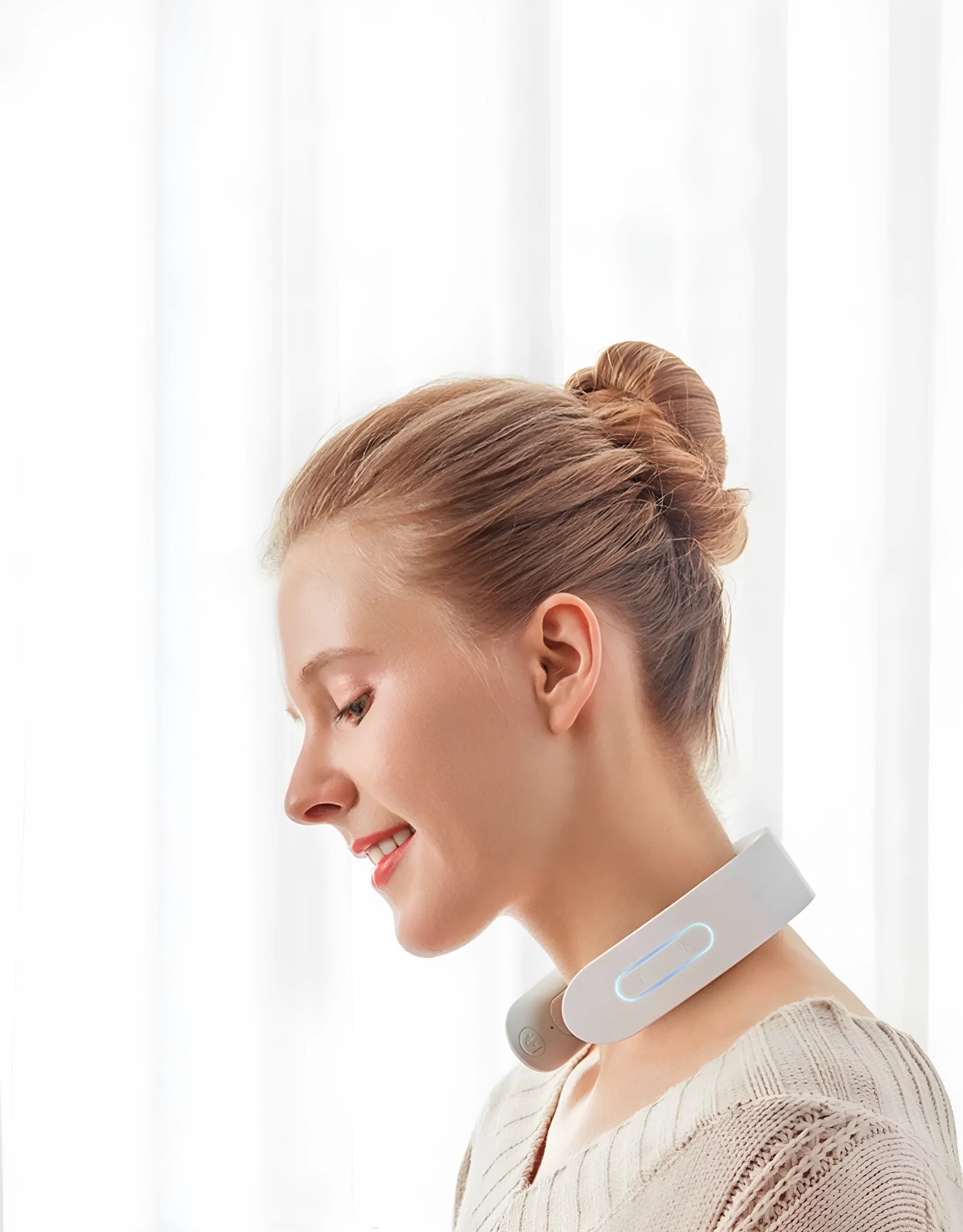 White electric acupressure massager for back neck shoulder pain with control buttons and USB port
