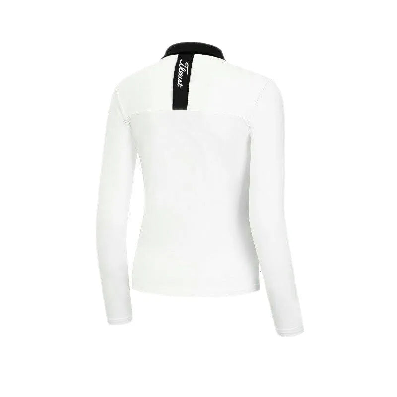 Women's white long sleeve golf top with slim fit for outdoor sun protection