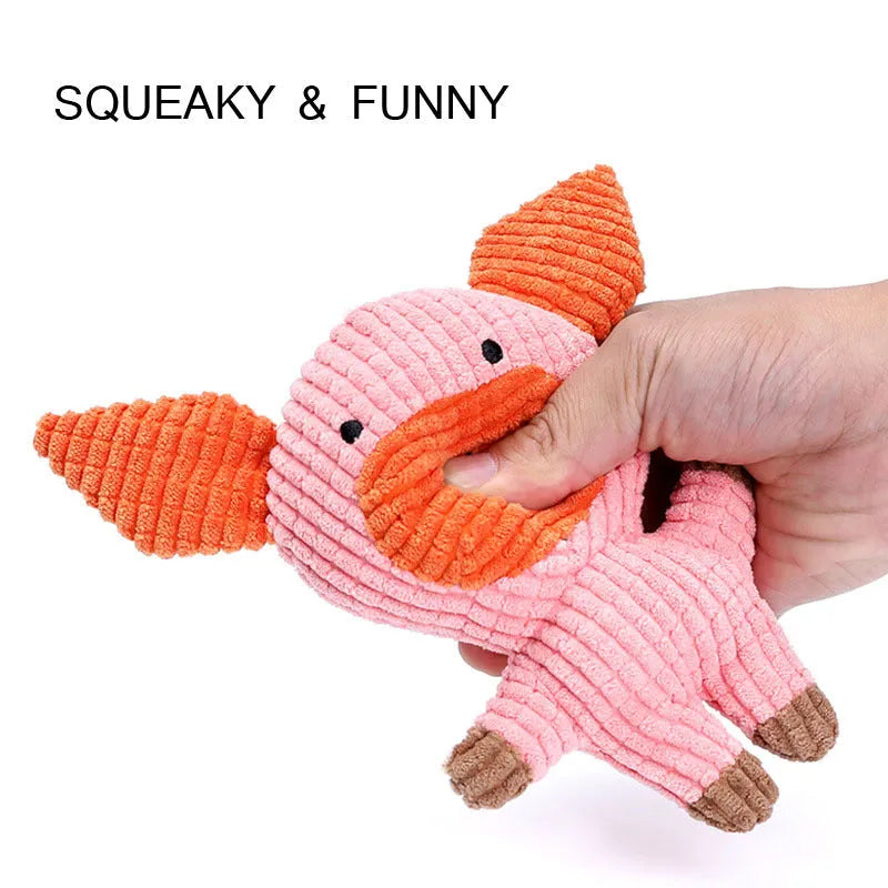 Animal shape plush squeaky dog chew toy with whistle construction in multiple colours