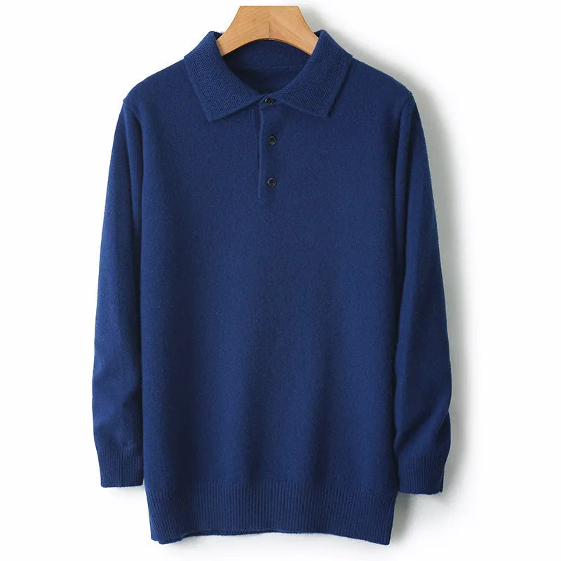 Men's wool polo collar sweater in seven colours with long sleeves and knit texture