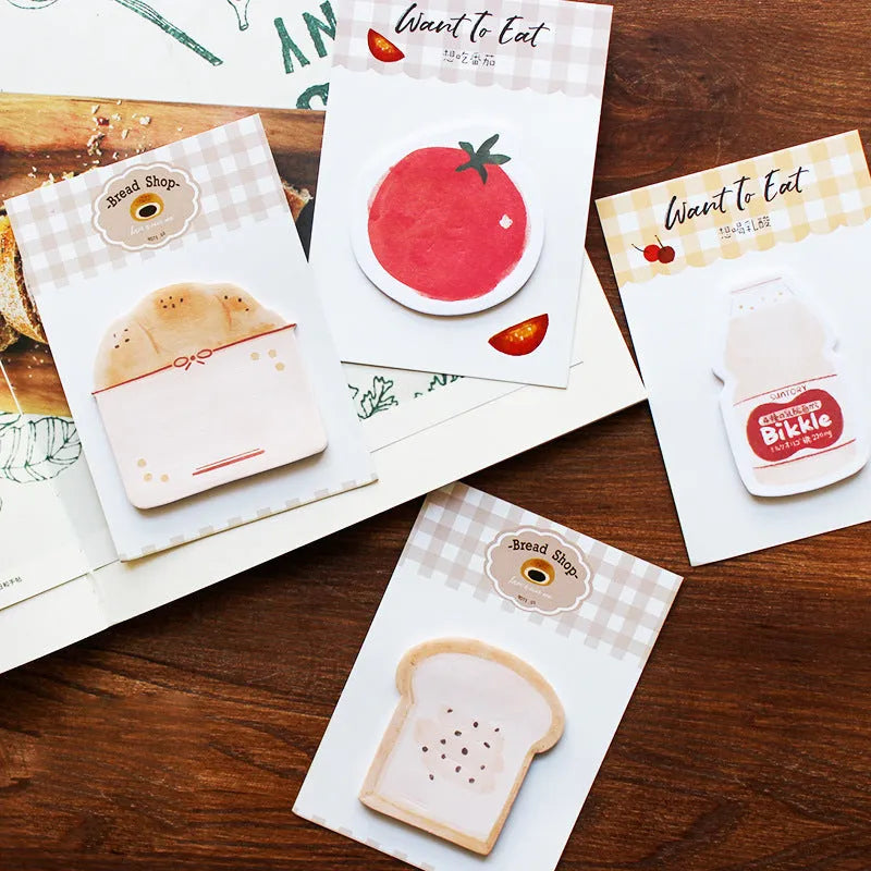 Food-themed memo pad notebook in choice of four colours, showing compact 85mm by 120mm size.