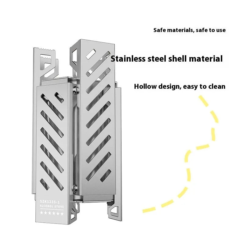 Black hexagon-shaped foldable alcohol camping stove shown next to a ruler showing its 15cm height
