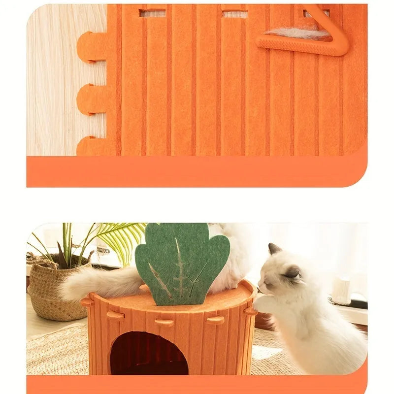 Carrot-shaped grey felt cat tunnel bed with one entrance hole, shown in medium and large sizes.