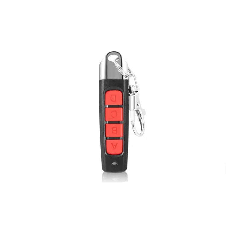 433MHz rolling door remote control in black showing compact 6.7cm design with programming buttons