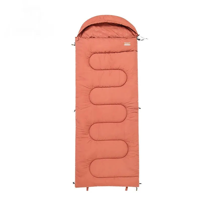 Portable cotton camping sleeping bag in ochre and olive green colours for basic outdoor warmth