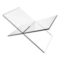Transparent X-shaped acrylic book reading rack displaying books on desktop