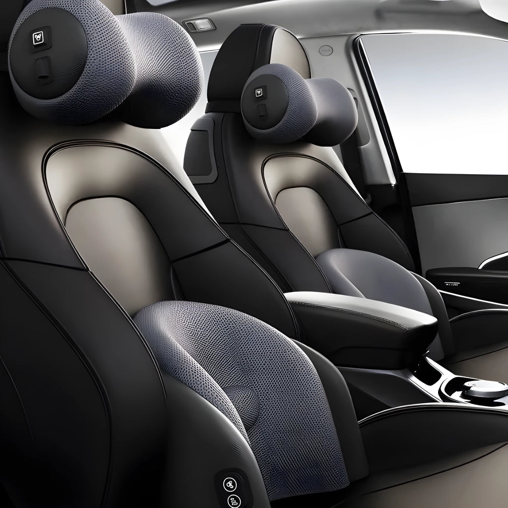 Car electric massage cushion in memory cotton shown as a headrest and lumbar support in grey colour