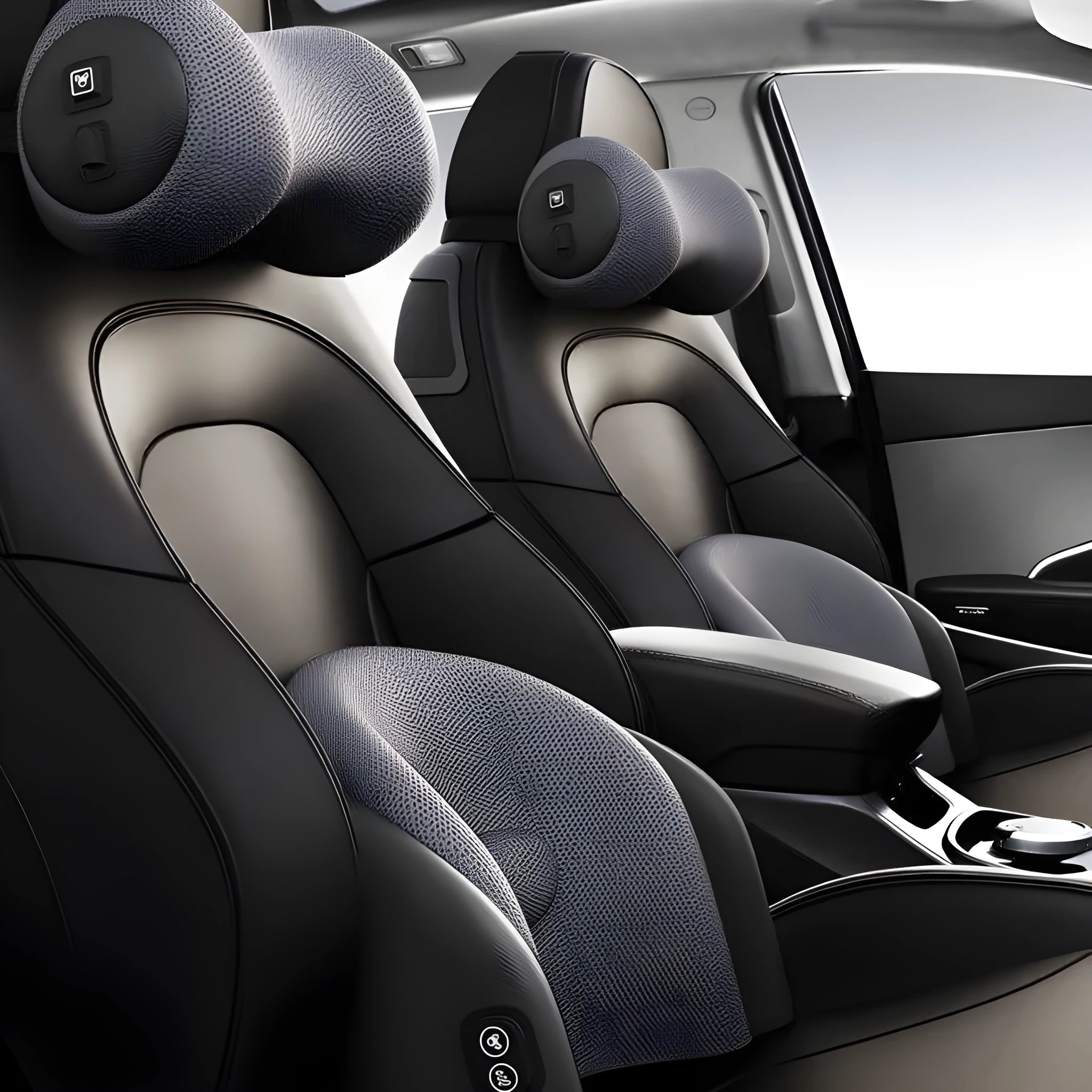 Car electric massage cushion in memory cotton shown as a headrest and lumbar support in grey colour