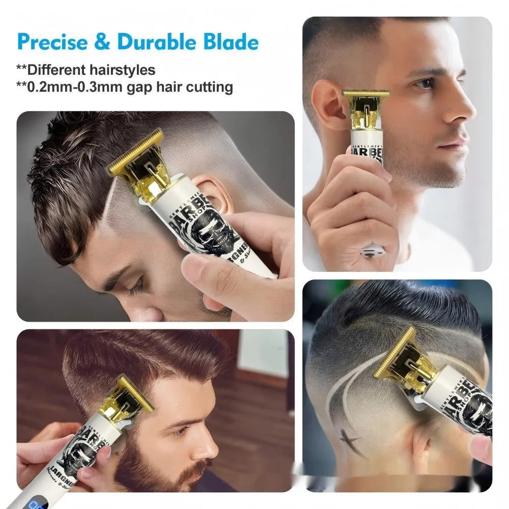 Rechargeable stainless steel hair clipper with USB charging port and 4-in-1 accessory kit