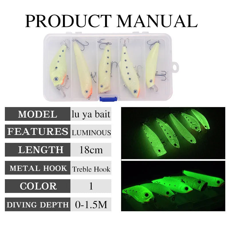 Five hard bait fishing lures with 3D fluorescent patterns and luminous elements in coordinated colour options