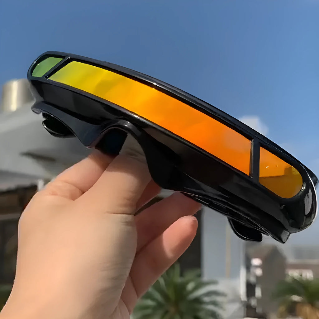 Polarised sports sunglasses with a black PC frame and colour film lenses in grey, red mirror, or blue mirror finish.
