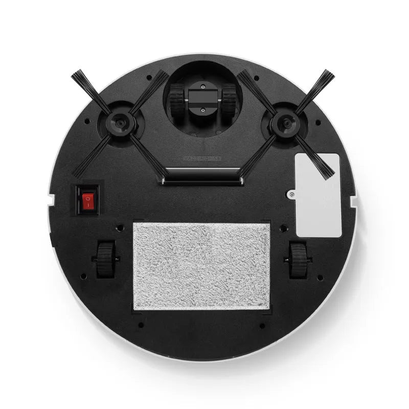 Automatic sweeping robot with a white ABS plastic housing on a wooden floor.