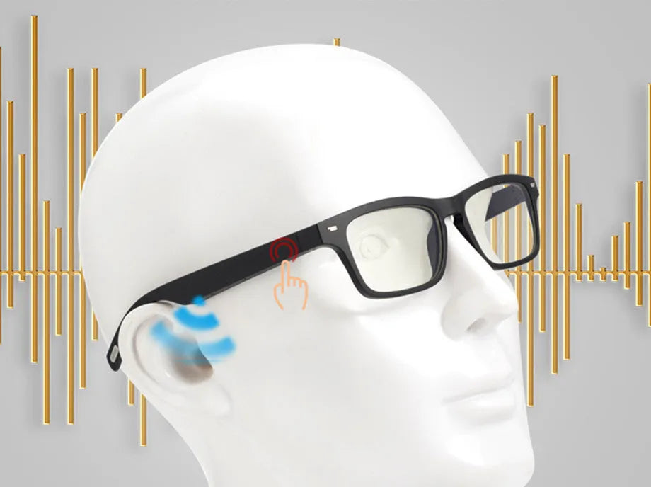 Smart glasses with Bluetooth audio functionality and semi-open ear speakers in PC+ABS frame