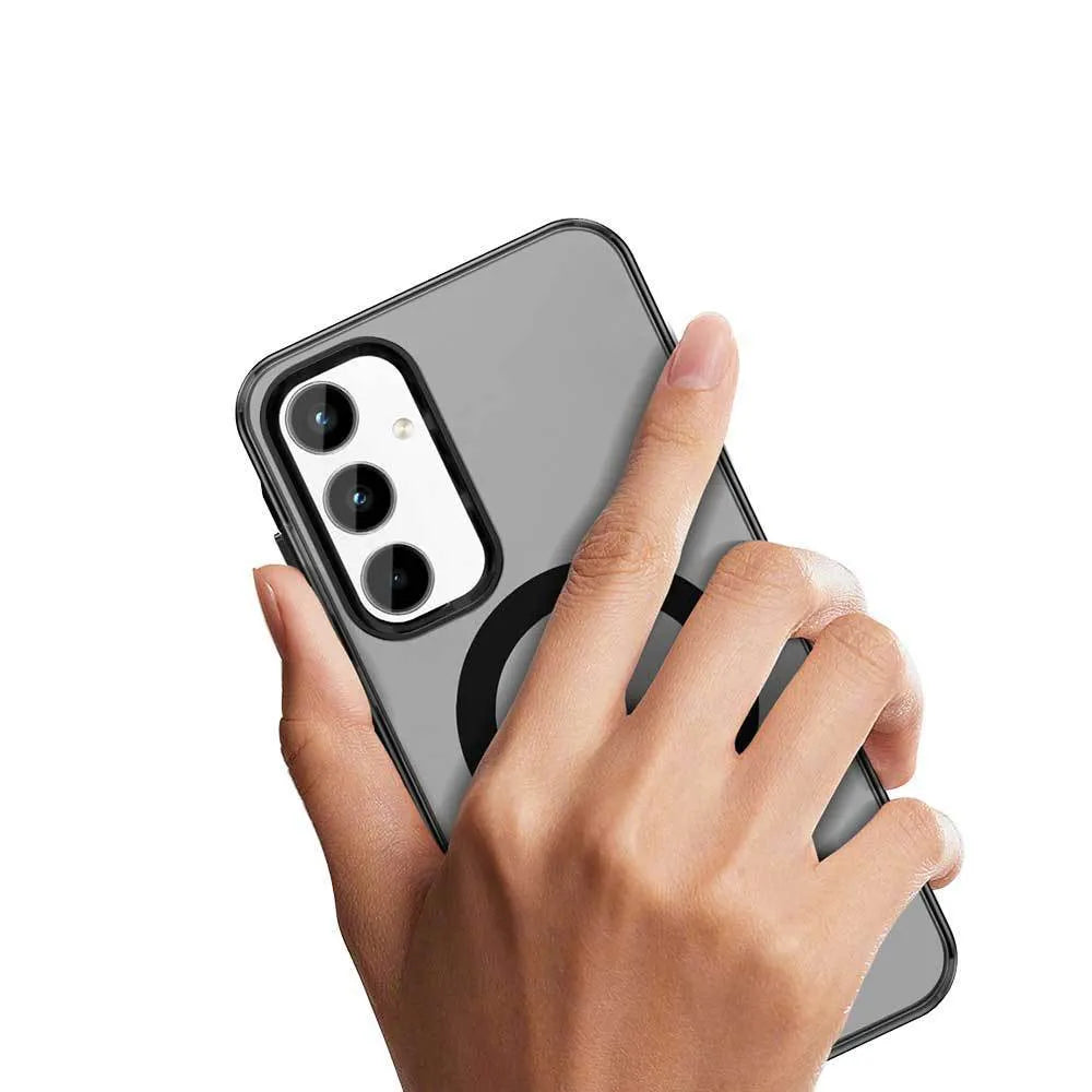 Matte frosted magnetic phone case for Samsung Galaxy S25 series, black colour, with built-in kickstand