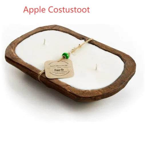Retro lavender wooden basin containing soy wax aromatherapy candle with wooden wick