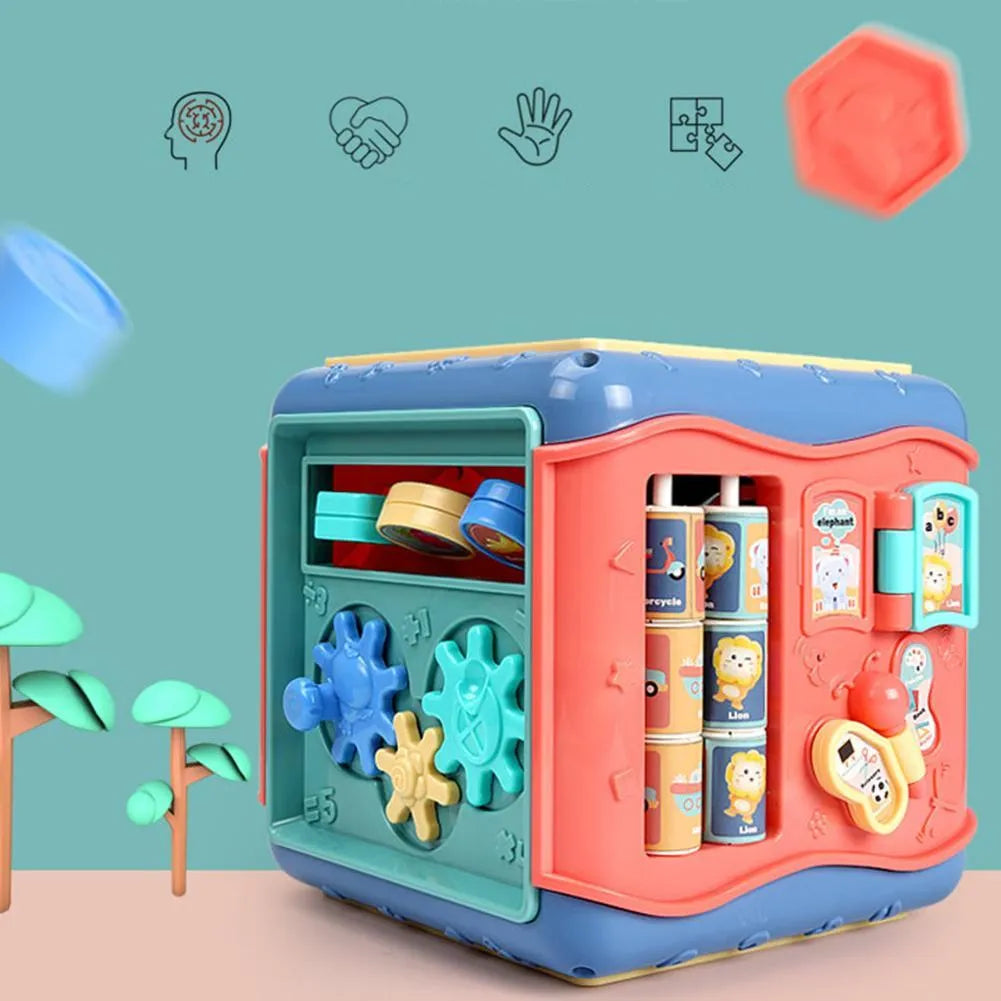 Six-sided baby hexahedron educational toy cube with bead maze and gears in multiple colours