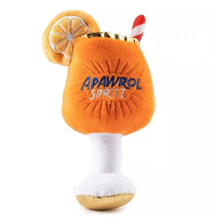 Yellow beer bottle squeaky dog chew toy with plush construction and teeth-cleaning features