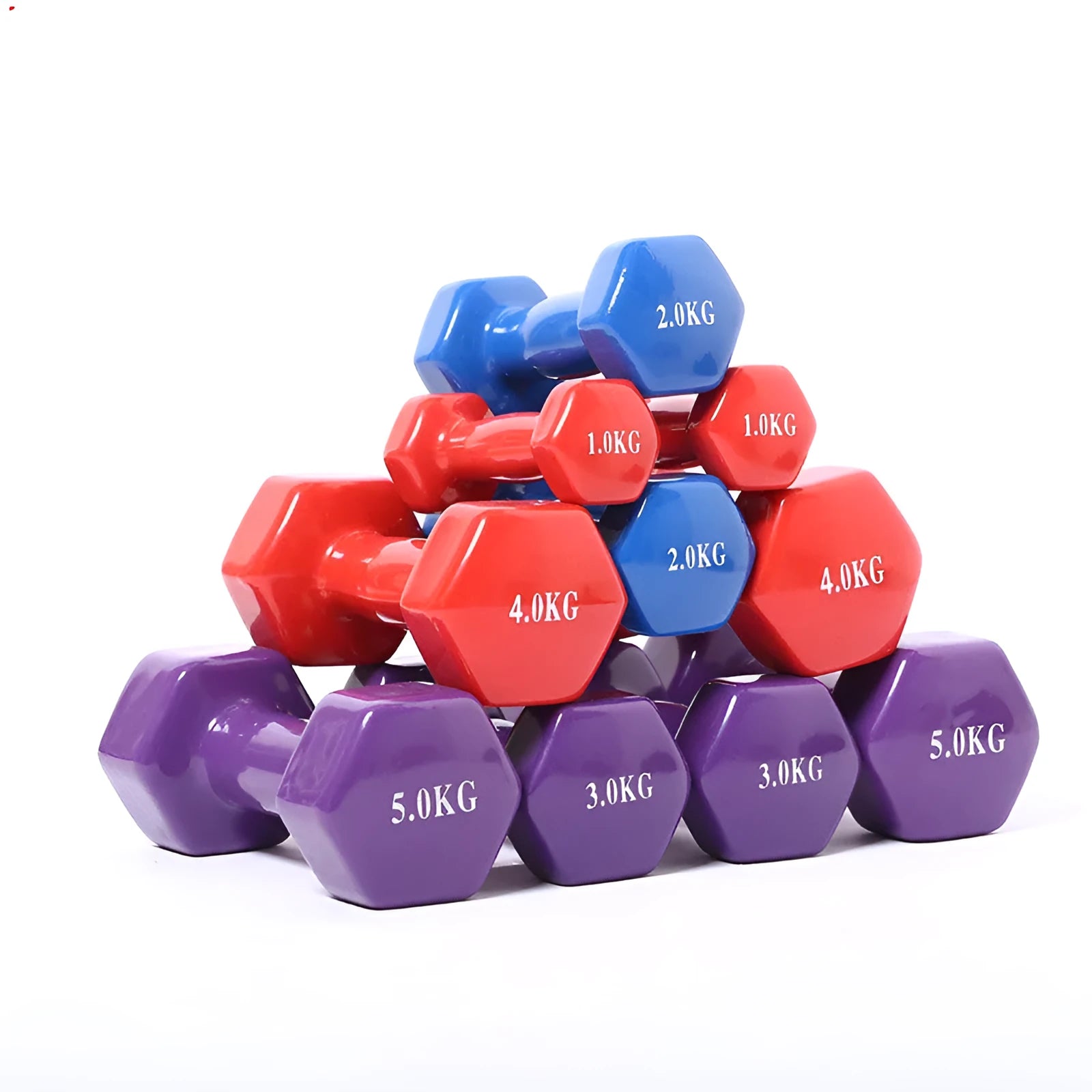 Bright colourful plastic-coated fitness dumbbells for home workouts and yoga exercises