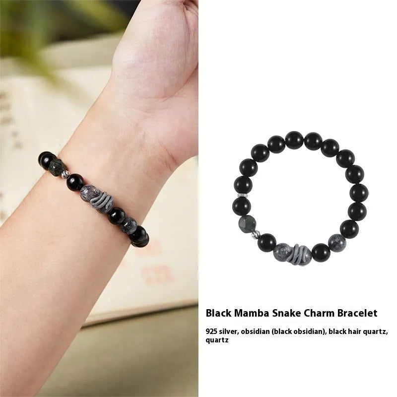Men's S925 sterling silver bracelet with obsidian black snake motif measuring 10mm wide