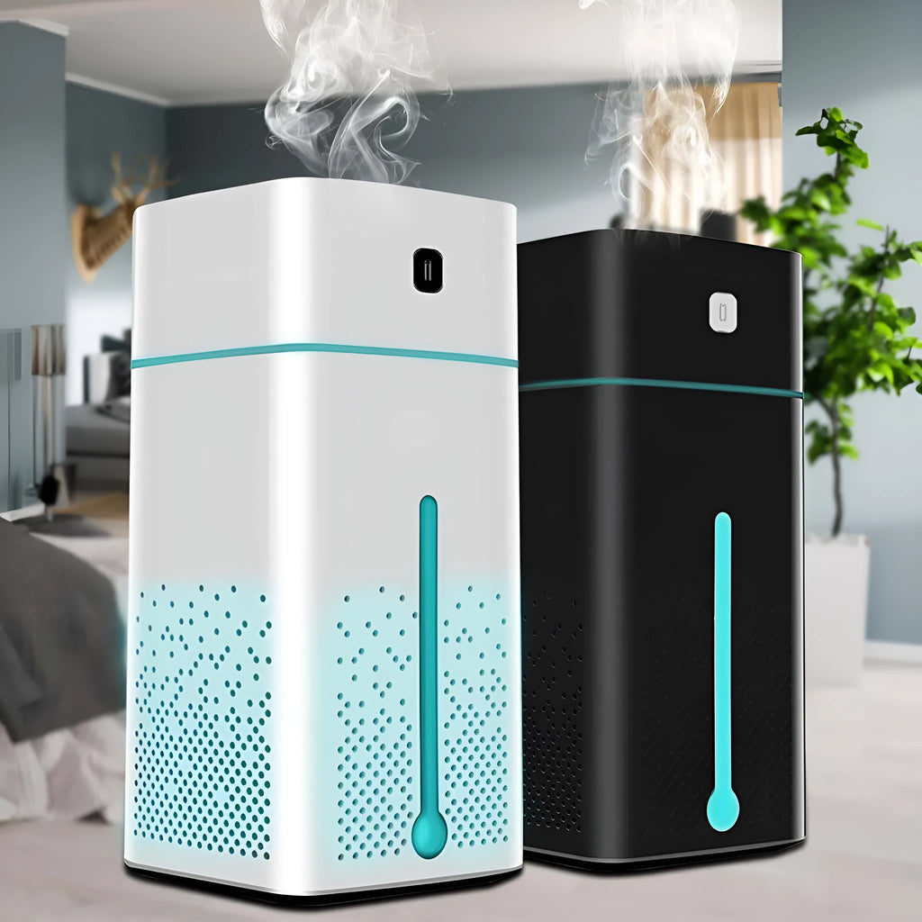 Black or white USB-powered desktop humidifier with 1000ml tank, dimensions 103x103x218mm.