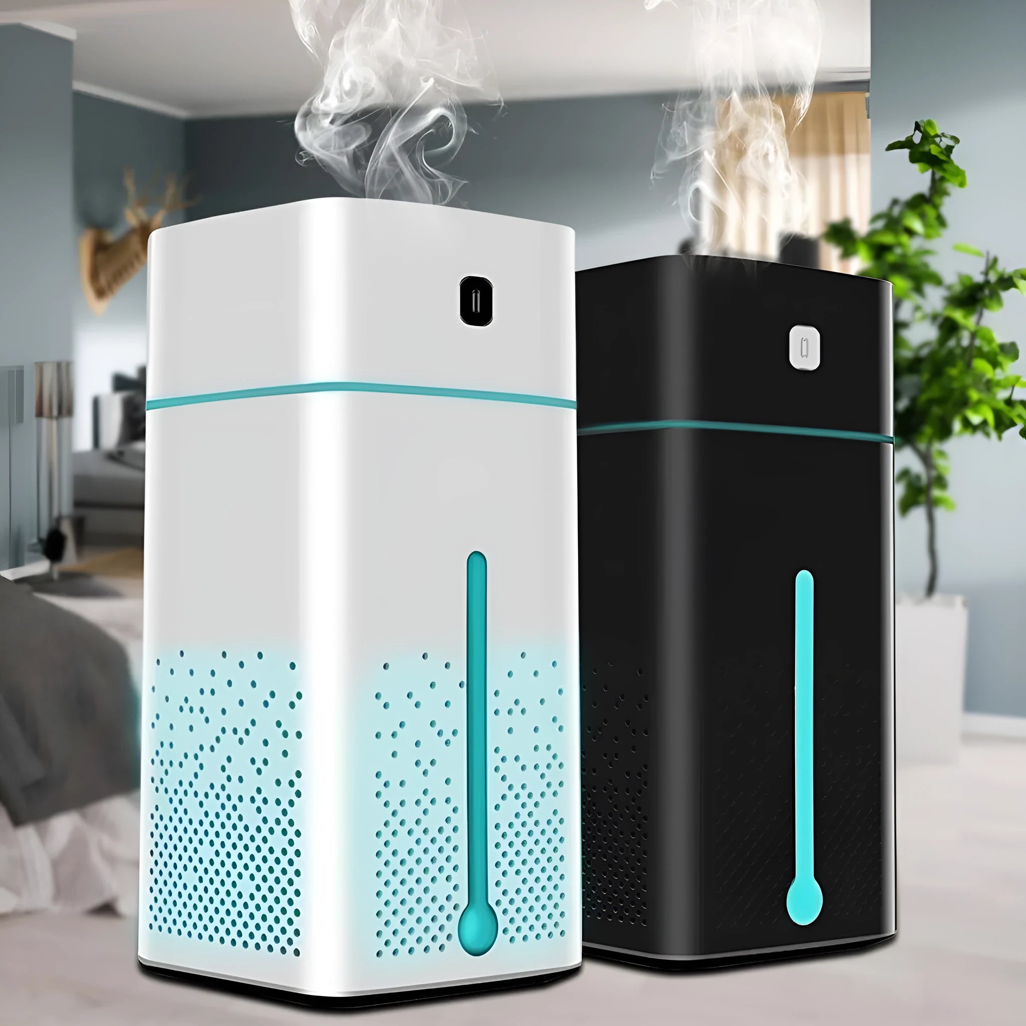 Black or white USB-powered desktop humidifier with 1000ml tank, dimensions 103x103x218mm.