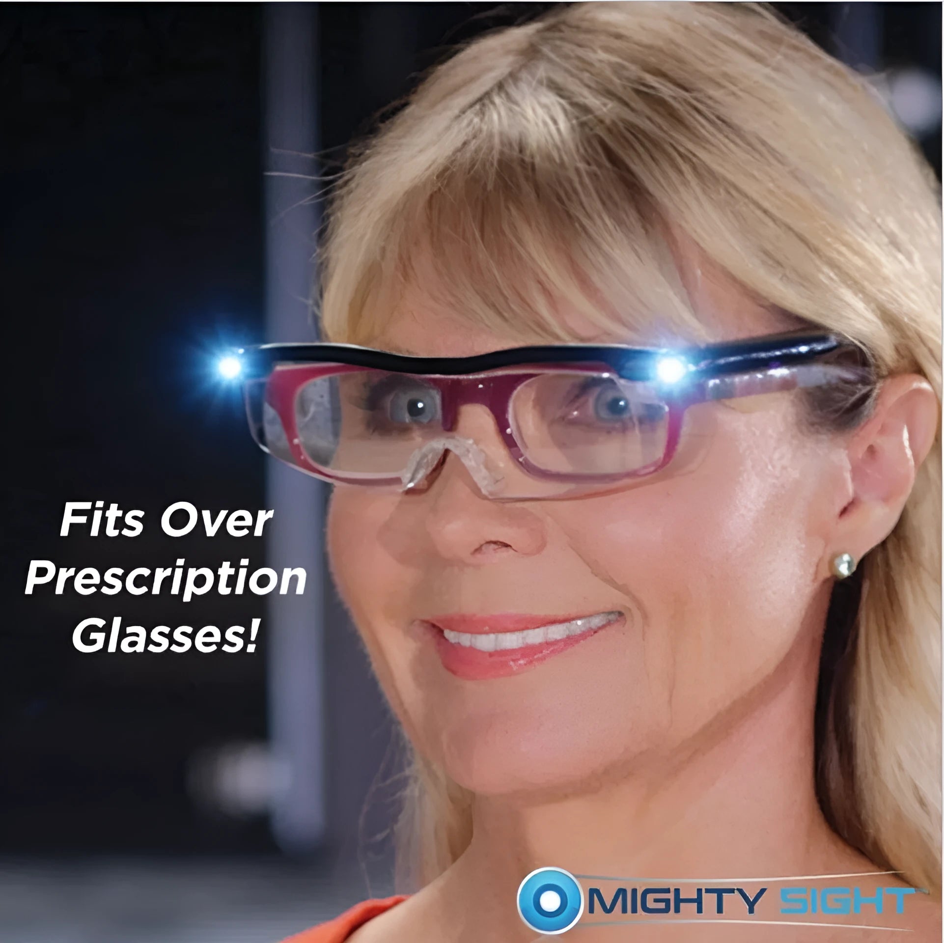 Transparent black USB LED reading glasses with scheduled lighting mode on desk