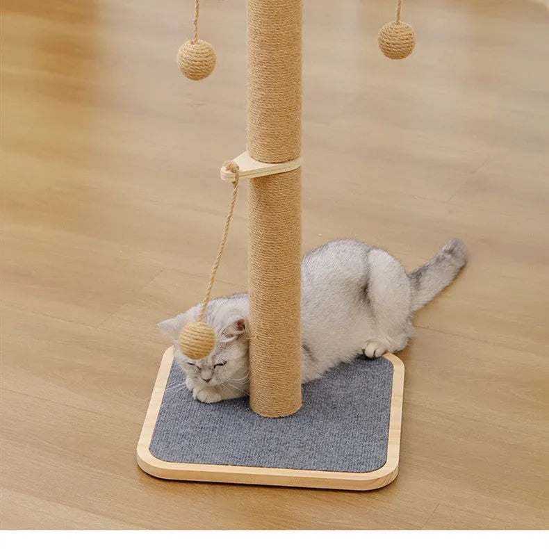 Cat climbing frame with hanging ball toy in windmill design made from pine wood with carpet leather scratching surfaces