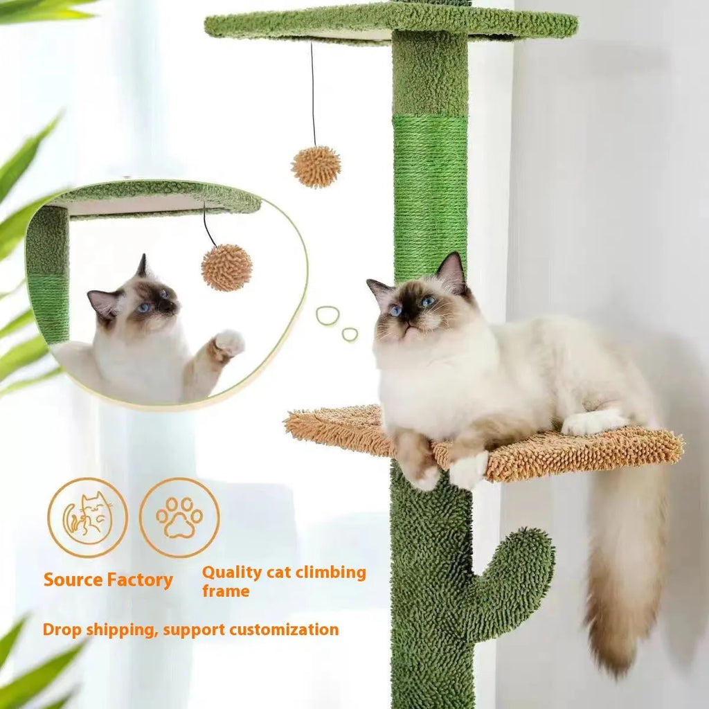 Cactus design cat tree climbing frame with integrated scratch board and toy
