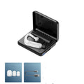 Black Bluetooth earphones with hanging ear design shown with three pairs of ear caps and charging cable