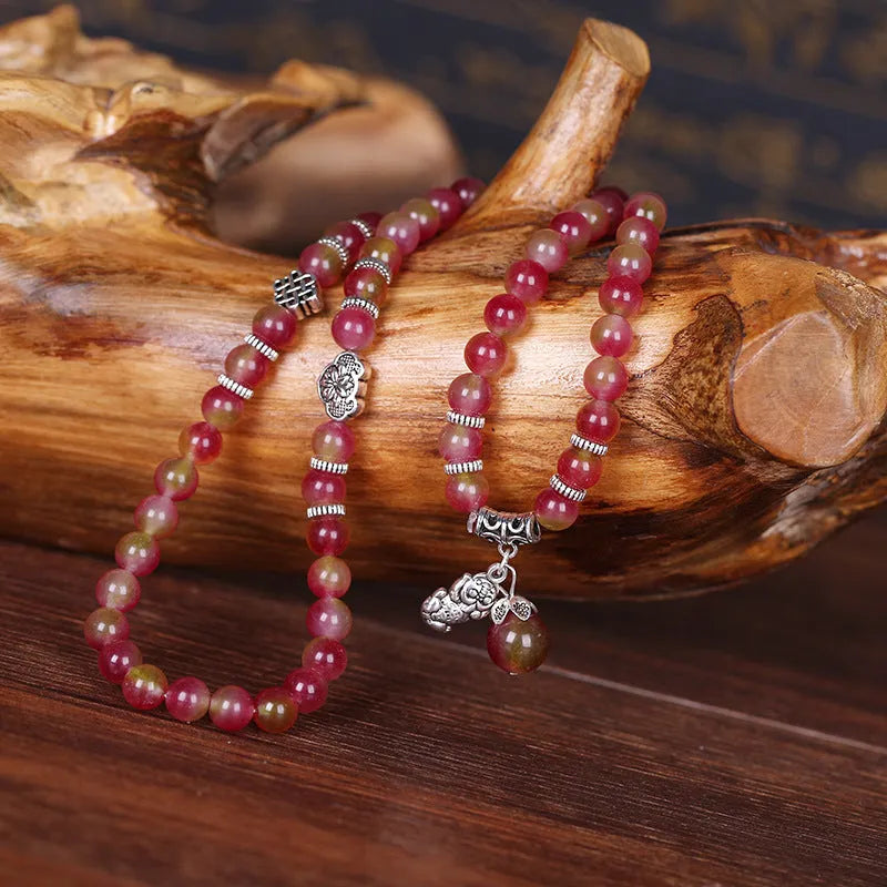 Handmade natural watermelon crystal bracelet with Chinese knot in elephant style geometry design