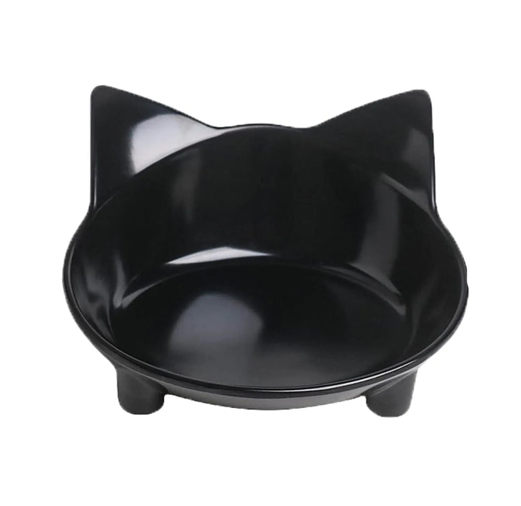 Set of four black shallow melamine pet bowls with non-slip rubber bases on a white surface.