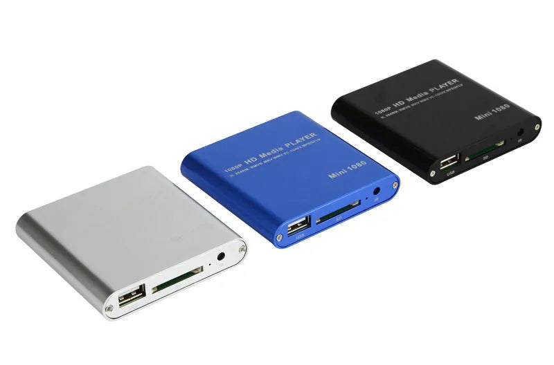 Blue and black 1080P Full HD media player with compact metal housing