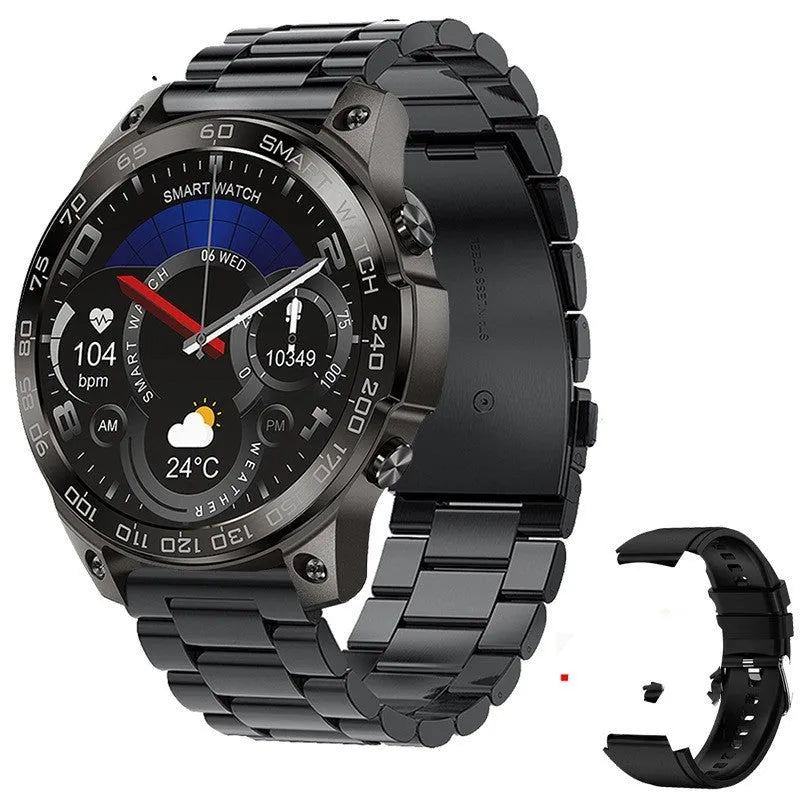 Round black Bluetooth sports watch with AMOLED screen on a silicone strap, showing fitness stats.