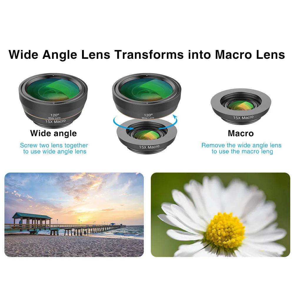 Black 6-in-1 smartphone lens kit with fisheye, macro, wide-angle, telephoto lenses and filters in EVA case