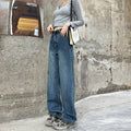 Women's straight leg jeans in retro blue cotton denim with high waist design