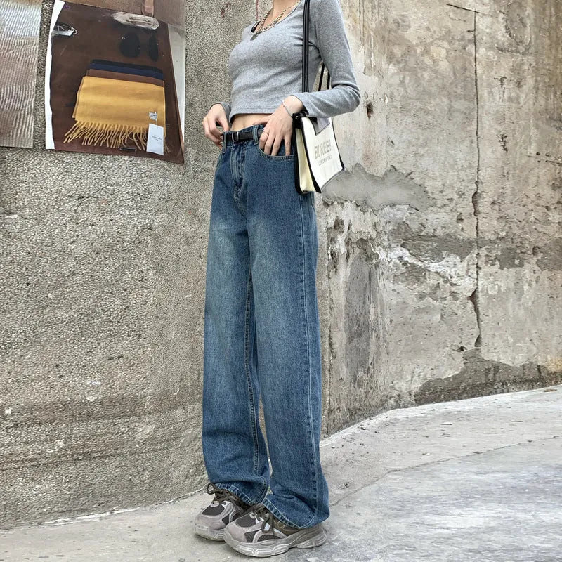 Women's straight leg jeans in retro blue cotton denim with high waist design