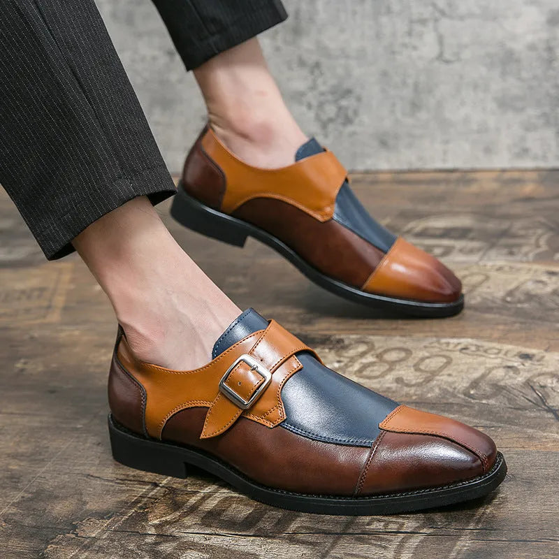 Men's British style retro buckle leather shoes in brown blue colour with tall crown design