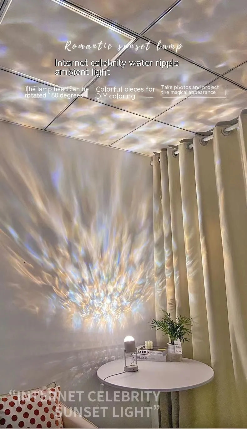 Dynamic water ripple ambience table lamp in ceiling or desktop configuration styles