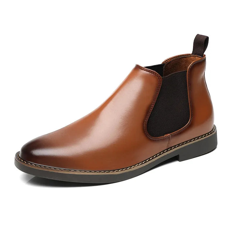 Men's black formal pointed-toe leather boots with a square heel on a white background.