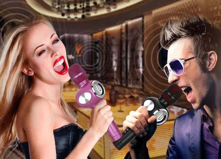 Yaerjia E108 wireless karaoke microphone in black, gold, or pink colours with built-in speaker