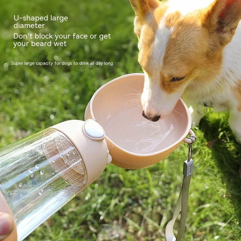 Portable dog water bottle feeder with food compartment in brown colour for outdoor walks